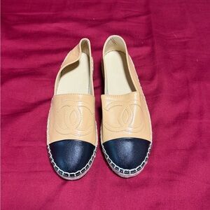 CHANEL Two-Tone Leather Espadrilles in Beige and Black